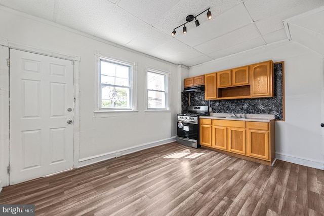 2204 Yelland St, Philadelphia, PA 19140 - kitchen with gas range, under cabinet range hood, dark wood-style flooring, and tasteful backsplash