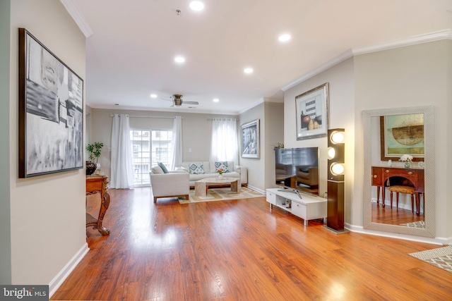 9722 Holmes Pl Unit 307, Manassas Park, VA 20111 - living room with ornamental molding, wood finished floors, ceiling fan, recessed lighting, and baseboards