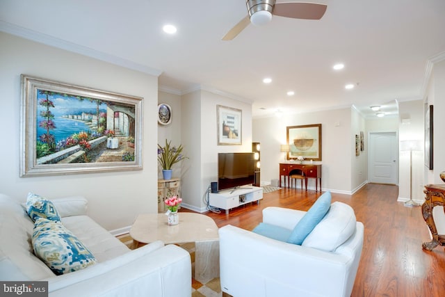 9722 Holmes Pl Unit 307, Manassas Park, VA 20111 - living room with recessed lighting, ornamental molding, ceiling fan, wood finished floors, and baseboards