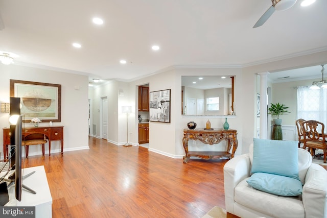 9722 Holmes Pl Unit 307, Manassas Park, VA 20111 - living area with a ceiling fan, light wood-style floors, crown molding, recessed lighting, and baseboards