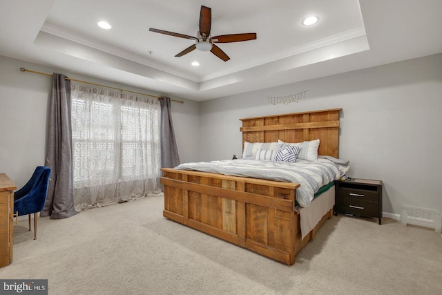 13304 Windy Meadow Ln, Silver Spring, MD 20906 - bedroom featuring a tray ceiling, crown molding, light carpet, recessed lighting, and ceiling fan