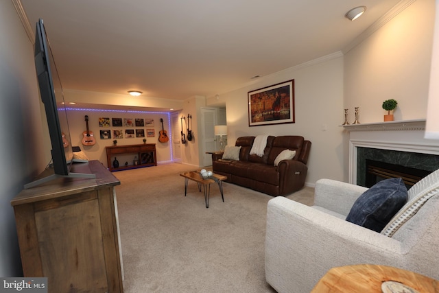508 Limerick Cir Unit 402, Lutherville Timonium, MD 21093 - living room featuring crown molding, carpet flooring, and a fireplace
