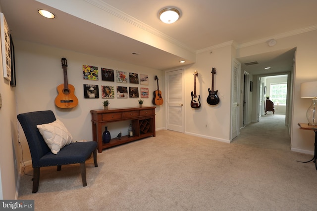 508 Limerick Cir Unit 402, Lutherville Timonium, MD 21093 - living area featuring ornamental molding, light carpet, baseboards, and recessed lighting