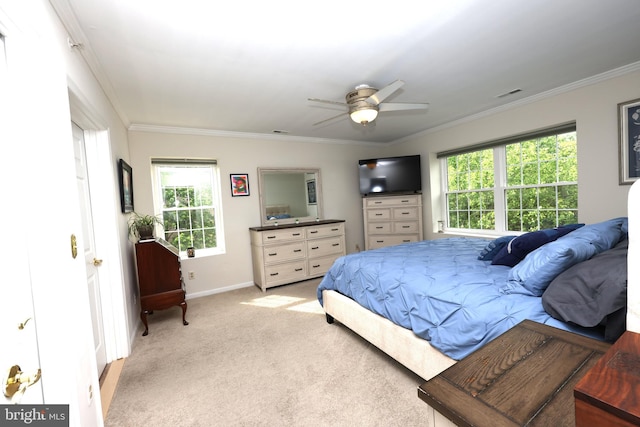 508 Limerick Cir Unit 402, Lutherville Timonium, MD 21093 - bedroom with multiple windows, light colored carpet, ornamental molding, baseboards, and ceiling fan