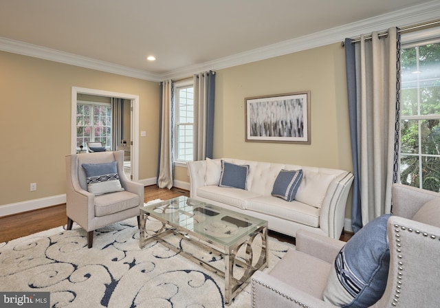 529 Sugartown Rd, Berwyn, PA 19312 - living room featuring crown molding, baseboards, wood finished floors, recessed lighting, and healthy amount of natural light