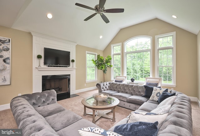 529 Sugartown Rd, Berwyn, PA 19312 - living area with light colored carpet, ceiling fan, baseboards, vaulted ceiling, and recessed lighting