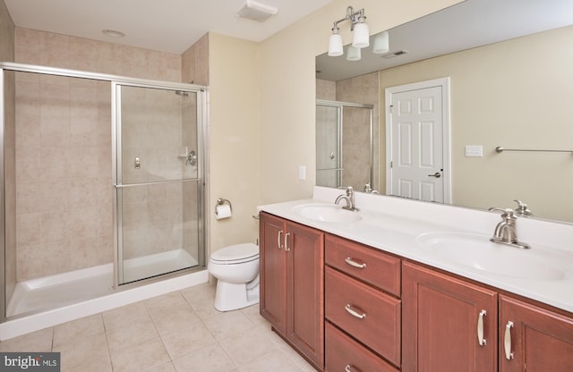 529 Sugartown Rd, Berwyn, PA 19312 - bathroom featuring tile patterned floors, a shower stall, double vanity, and toilet
