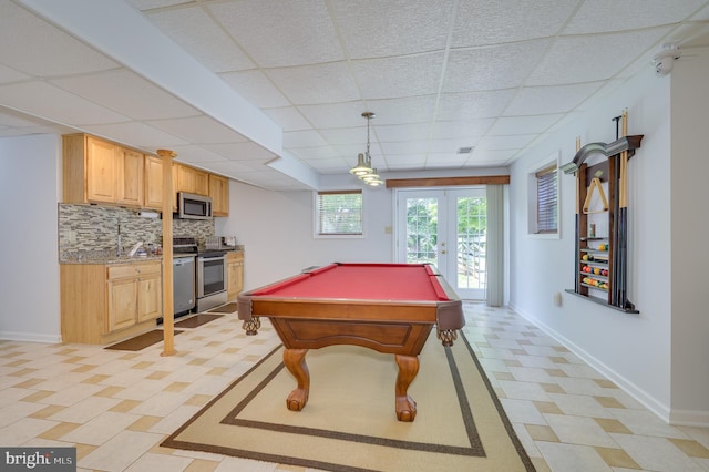 680 Mara Rose Ln, Harpers Ferry, WV 25425 - rec room featuring a paneled ceiling, french doors, billiards table, and baseboards