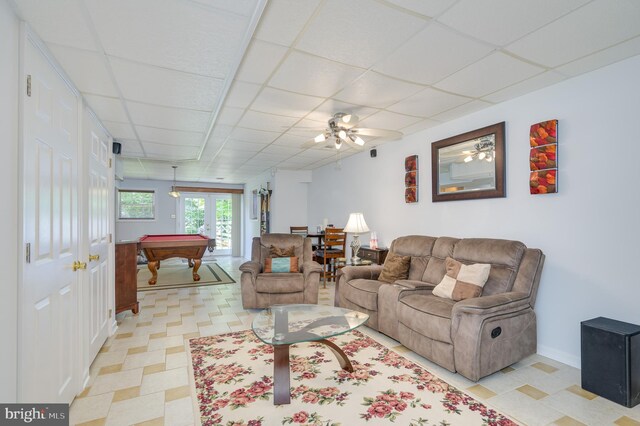 680 Mara Rose Ln, Harpers Ferry, WV 25425 - living room with a drop ceiling, pool table, baseboards, and ceiling fan