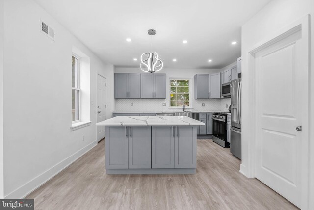 10 W Pomona St, Philadelphia, PA 19144 - kitchen with gray cabinetry, stainless steel appliances, a sink, decorative backsplash, and recessed lighting