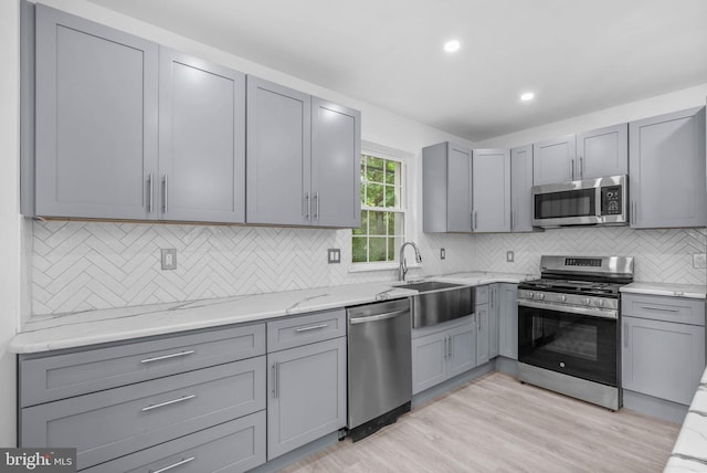 10 W Pomona St, Philadelphia, PA 19144 - kitchen featuring appliances with stainless steel finishes, gray cabinetry, a sink, decorative backsplash, and light wood finished floors