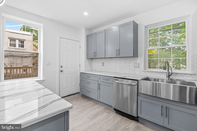 10 W Pomona St, Philadelphia, PA 19144 - kitchen with dishwasher, gray cabinets, a sink, tasteful backsplash, and light stone countertops