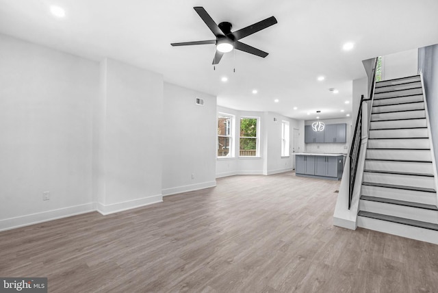 10 W Pomona St, Philadelphia, PA 19144 - unfurnished living room featuring recessed lighting, a ceiling fan, stairs, baseboards, and light wood-type flooring