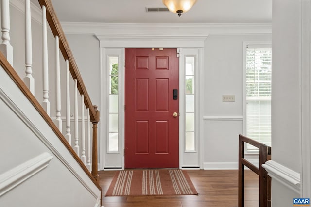 1902 English Oaks Cir N, Charlottesville, VA 22911 - entrance foyer featuring wood finished floors, crown molding, stairs, and baseboards