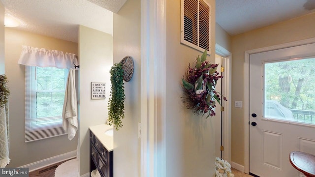 240 Dogwood Dr, Romney, WV 26757 - doorway to outside featuring baseboards and a textured ceiling
