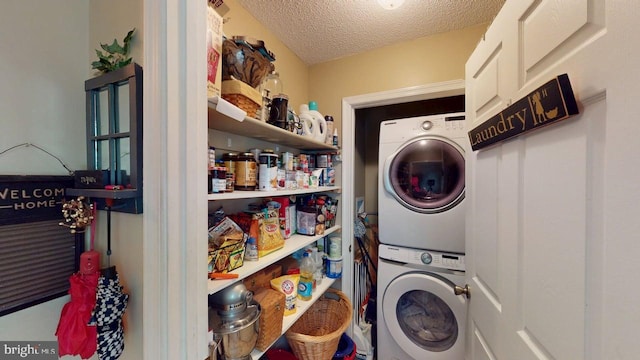 240 Dogwood Dr, Romney, WV 26757 - washroom featuring stacked washer / dryer and a textured ceiling