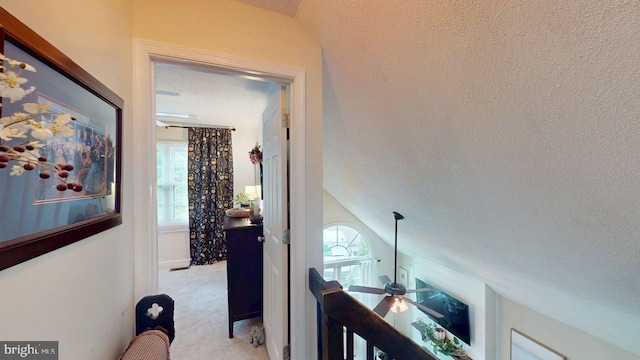 240 Dogwood Dr, Romney, WV 26757 - corridor featuring a textured ceiling, carpet floors, and vaulted ceiling