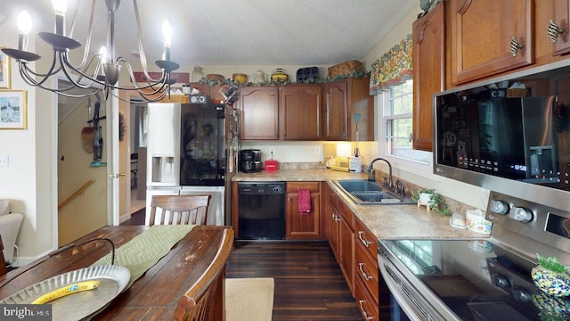 240 Dogwood Dr, Romney, WV 26757 - kitchen with stainless steel appliances, a sink, a chandelier, light countertops, and dark wood-style flooring