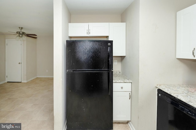 4 Corvas Ct, Sewell, NJ 08080 - kitchen with black appliances, a ceiling fan, white cabinetry, light stone countertops, and baseboards