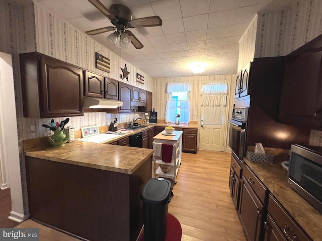460 Baltimore St, Gettysburg, PA 17325 - kitchen with stainless steel microwave, oven, under cabinet range hood, light wood-type flooring, and wallpapered walls