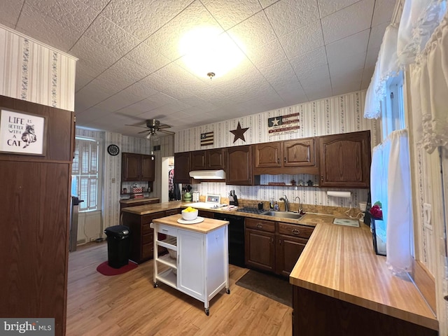 460 Baltimore St, Gettysburg, PA 17325 - kitchen with butcher block countertops, wallpapered walls, under cabinet range hood, light wood-style floors, and dark brown cabinetry