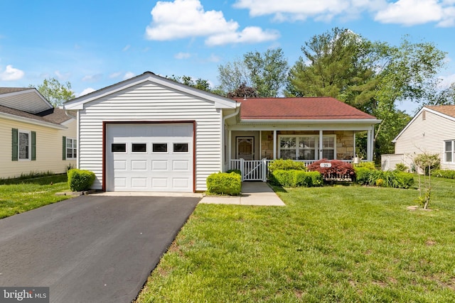 29 Sheffield Pl, Southampton, NJ 08088 - ranch-style house with covered porch, a front yard, asphalt driveway, a garage, and stone siding