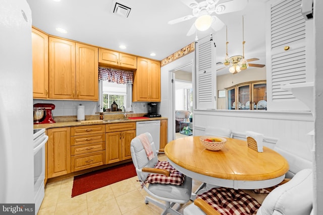 29 Sheffield Pl, Southampton, NJ 08088 - kitchen featuring a ceiling fan, white appliances, light tile patterned floors, recessed lighting, and light countertops