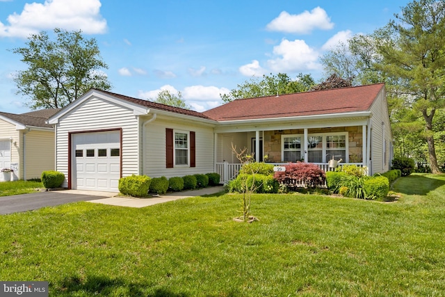 29 Sheffield Pl, Southampton, NJ 08088 - ranch-style house featuring an attached garage, covered porch, a front lawn, asphalt driveway, and stone siding