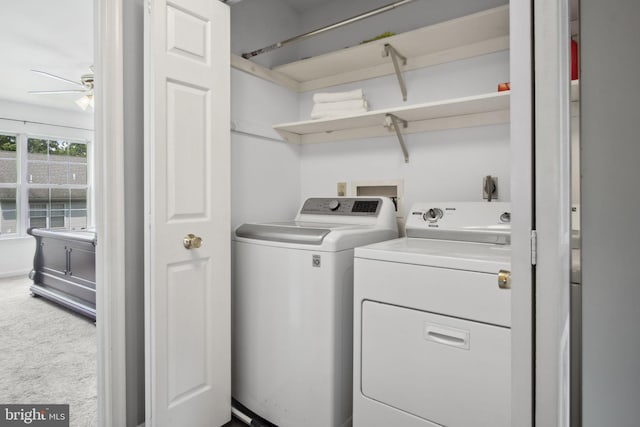 204 Fawn Rdg N, Harrisburg, PA 17110 - washroom featuring washer and dryer, carpet flooring, and a ceiling fan