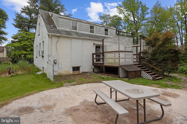3962 Bensalem Blvd, Bensalem, PA 19020 - rear view of house with a patio, roof with shingles, a wooden deck, a lawn, and stairs