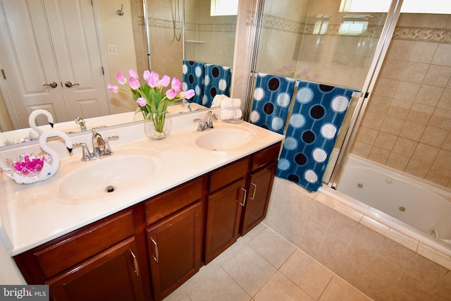 11665 Leesborough Cir, Silver Spring, MD 20902 - bathroom featuring double vanity, tile patterned floors, and a combined bath / shower with jetted tub