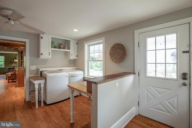 448 Old Dublin Pike, Doylestown, PA 18901 - laundry room featuring cabinet space, separate washer and dryer, ceiling fan, recessed lighting, and light wood-style flooring