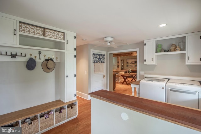 448 Old Dublin Pike, Doylestown, PA 18901 - mudroom featuring washing machine and dryer, ceiling fan, recessed lighting, light wood-style flooring, and baseboards