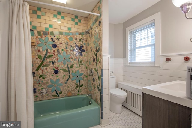 448 Old Dublin Pike, Doylestown, PA 18901 - bathroom with toilet, shower / tub combo with curtain, a wainscoted wall, tile patterned flooring, and vanity