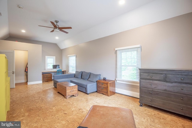 448 Old Dublin Pike, Doylestown, PA 18901 - living room featuring a ceiling fan, baseboards, lofted ceiling, and recessed lighting