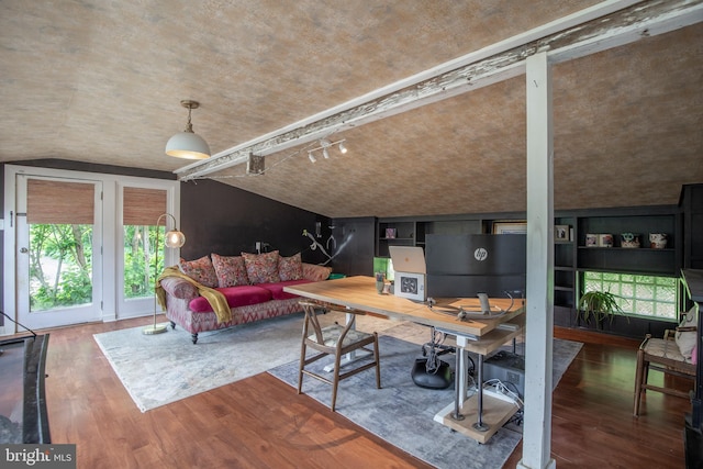 448 Old Dublin Pike, Doylestown, PA 18901 - living room featuring wood finished floors, a desk, and vaulted ceiling