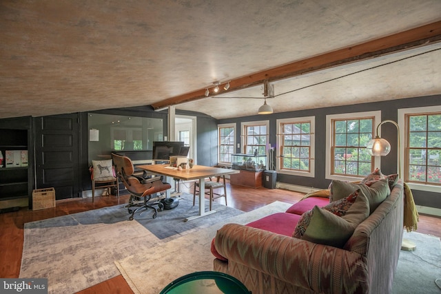 448 Old Dublin Pike, Doylestown, PA 18901 - living room with vaulted ceiling, wood finished floors, baseboards, a desk, and a baseboard radiator