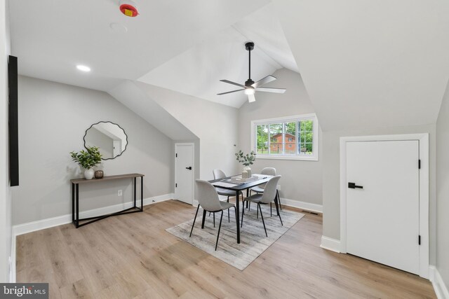 3521 Forestdale Ave, Woodbridge, VA 22193 - dining space featuring ceiling fan, light wood-style flooring, vaulted ceiling, and baseboards