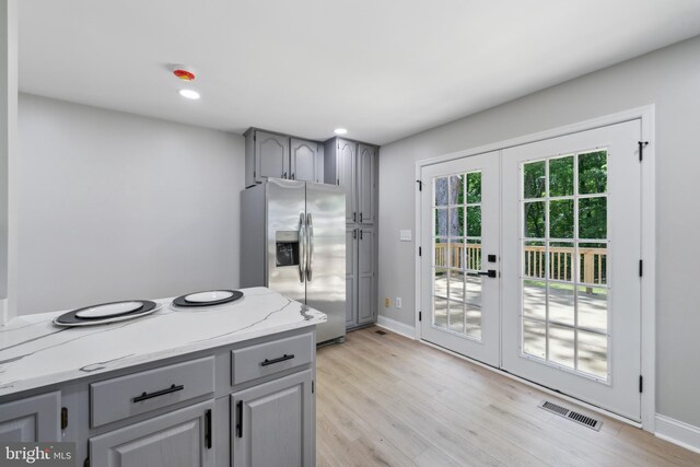 3521 Forestdale Ave, Woodbridge, VA 22193 - kitchen featuring gray cabinetry, stainless steel fridge, french doors, and recessed lighting