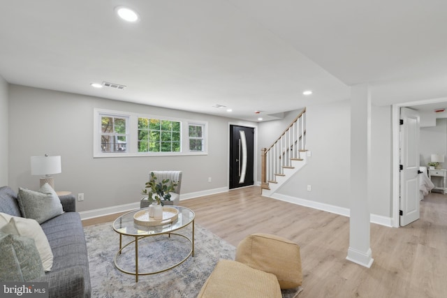 3521 Forestdale Ave, Woodbridge, VA 22193 - living area with stairs, light wood-style floors, baseboards, and recessed lighting