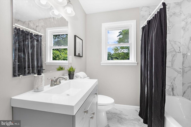 200 S Longcross Rd, Linthicum Heights, MD 21090 - full bath featuring marble look tile flooring, vanity, toilet, baseboards, and shower / tub combo