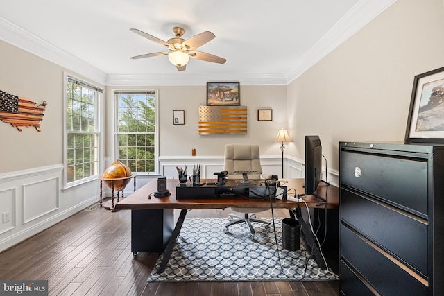 34905 Gidney Ct, Round Hill, VA 20141 - office space with a ceiling fan, a wainscoted wall, ornamental molding, and dark wood finished floors
