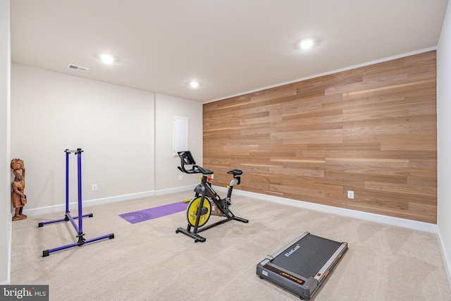 15634 Calum Ct, Haymarket, VA 20169 - workout room with wooden walls, baseboards, recessed lighting, and carpet flooring