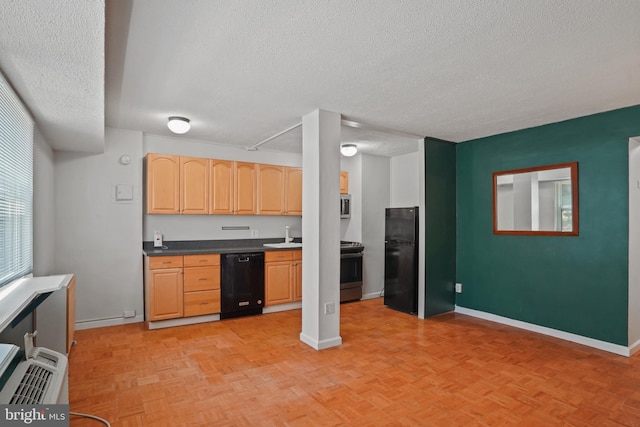 1801 Clydesdale Pl NW Unit 420, Washington, DC 20009 - kitchen with black appliances, a textured ceiling, baseboards, dark countertops, and light brown cabinetry