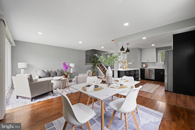 3408 Croydon Rd, Gwynn Oak, MD 21207 - dining space with stairs, dark wood-style floors, and recessed lighting