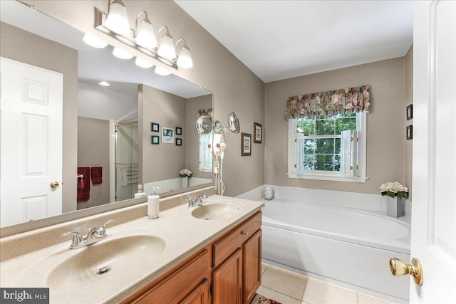 614 Timber Wood Blvd, Newark, DE 19702 - full bathroom with a bath, double vanity, tile patterned flooring, and an enclosed shower