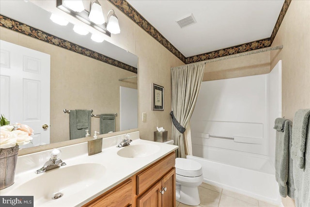 614 Timber Wood Blvd, Newark, DE 19702 - bathroom featuring toilet, shower / tub combo, double vanity, and tile patterned flooring