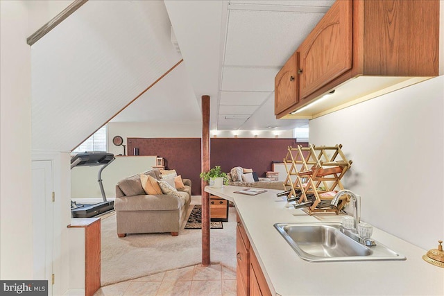 614 Timber Wood Blvd, Newark, DE 19702 - kitchen with a sink, light countertops, brown cabinets, light carpet, and open floor plan