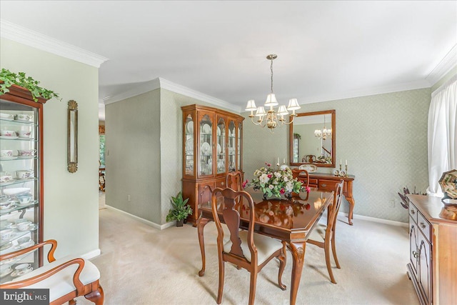 614 Timber Wood Blvd, Newark, DE 19702 - dining area with a chandelier, light carpet, baseboards, and ornamental molding