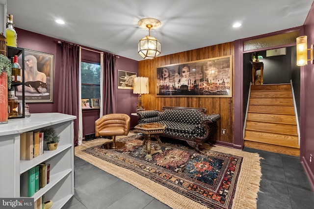12 Chestnut Ln, Wayne, PA 19087 - sitting room featuring wooden walls, stairway, tile patterned flooring, and recessed lighting